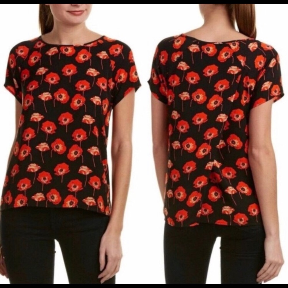 CAbi Black Red Poppy Print Floral Shortsleeve Shirt Split Back‎ Small